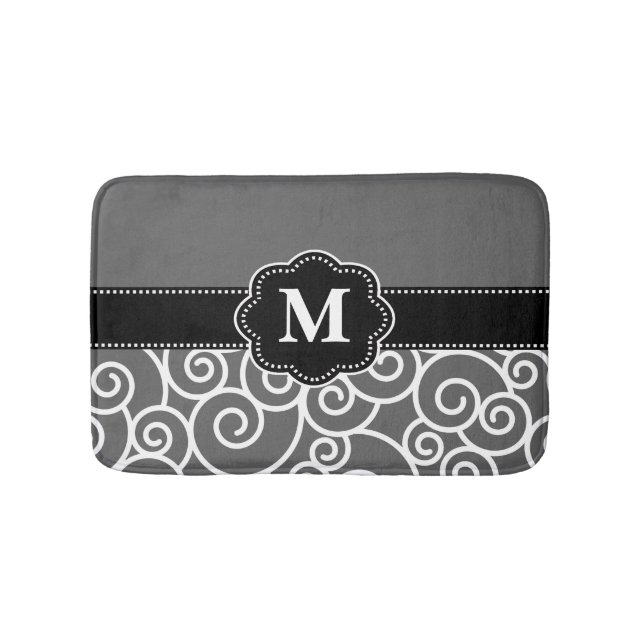 Gray Black Swirls Monogram Bathmat (Front)