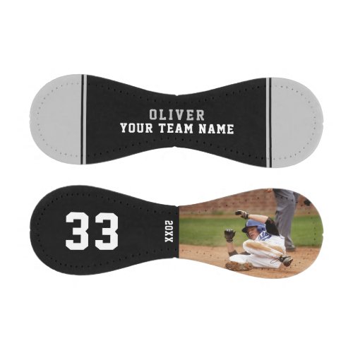 Gray Black Team Name Player Number Name Photo Baseball - Custom Gray Black Team Name Player Number Name Photo Baseball. Black background with gray stripes. You can change any text on the baseball or erase it. A perfect gift for a baseball player, teammates, coach, your friends and family. Personalize it with your photo, name, team name and the year. Great keepsake to remember your favorite sport.