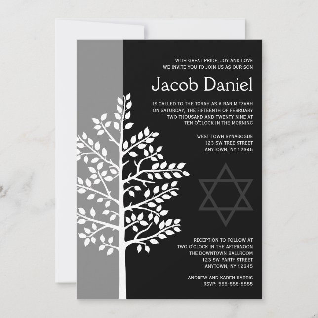 Gray Black Tree of Life Bar Mitzvah Invitations (Front)