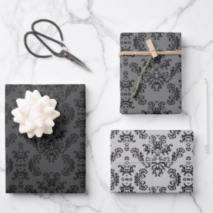Gray Black vintage damask pattern Wrapping Paper Sheets