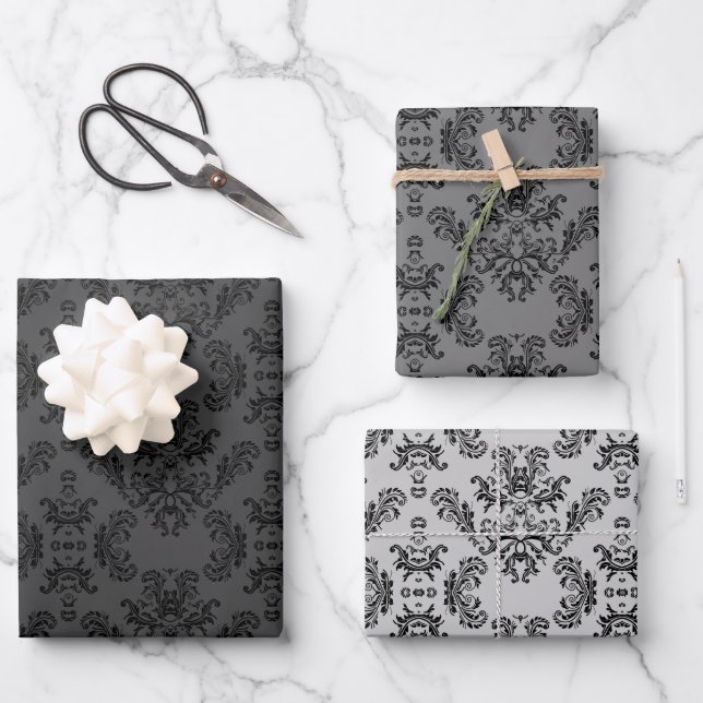 Gray Black vintage damask pattern Wrapping Paper Sheets (Front)