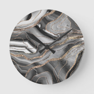Gray Black White Agate Gold Glitter Glam #1 Round Clock
