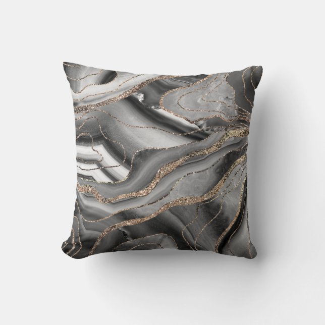 Gray Black White Agate Gold Glitter Glam #1 Throw Pillow (Front)