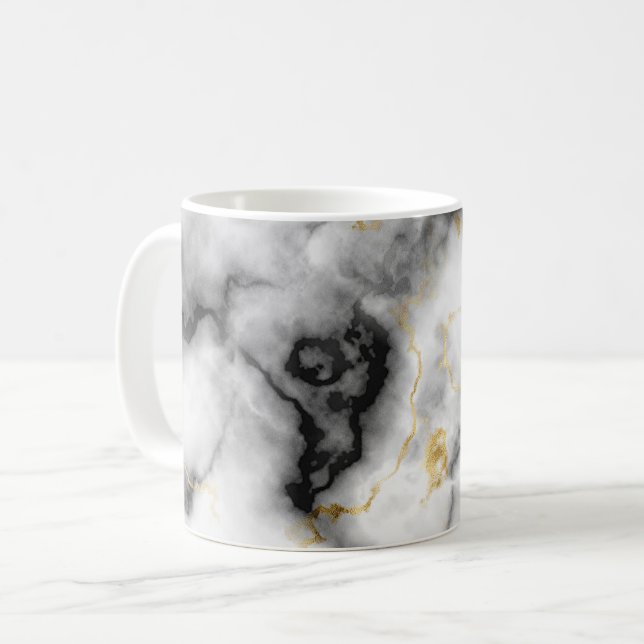 Gray Black White and Gold Marble Pattern Coffee Mug (Front Left)