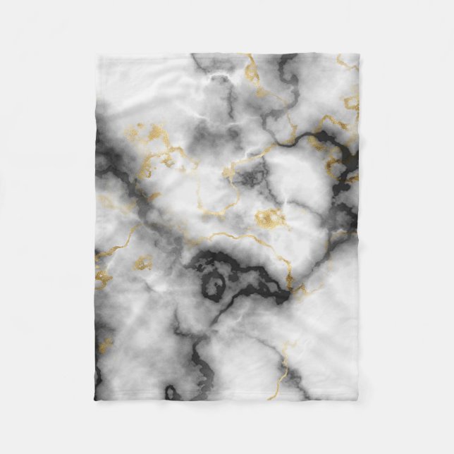 Gray Black White and Gold Marble Pattern Fleece Blanket (Front)