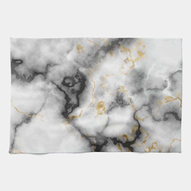 Gray Black White and Gold Marble Pattern Kitchen Towel (Horizontal)