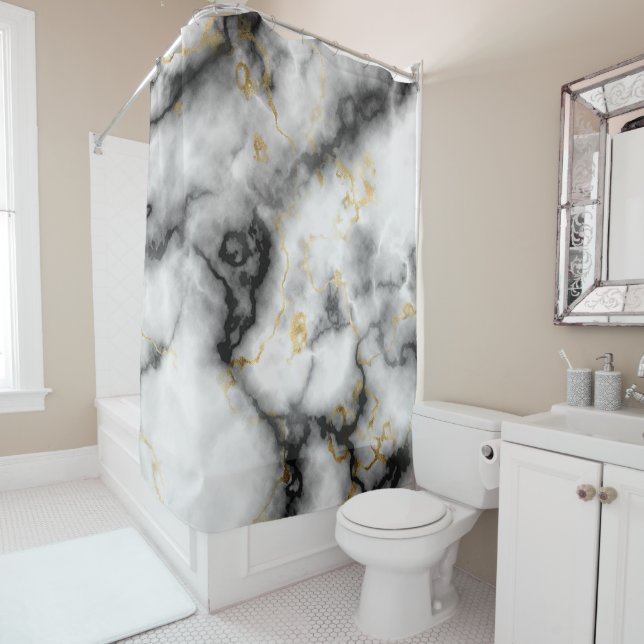 Gray Black White and Gold Marble Pattern Shower Curtain (In Situ)