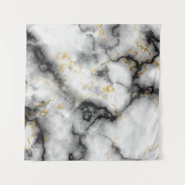 Gray Black White and Gold Marble Pattern Tapestry (Front)