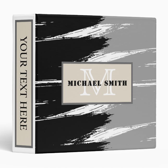 Gray Black White Brush Stroke Monogram 3 Ring Binder (Front/Spine)