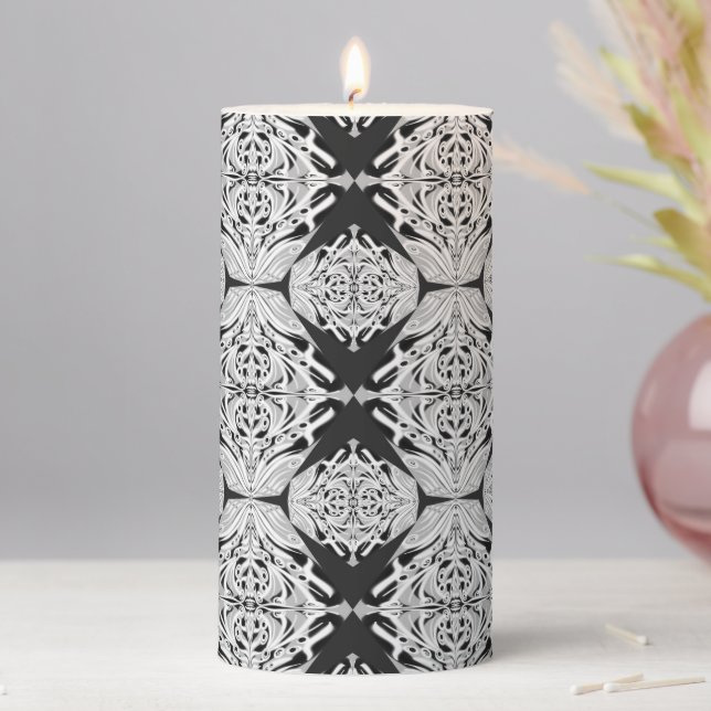 Gray Black White Butterfly Wing Abstract Pattern  Pillar Candle (In Situ)
