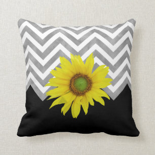 Gray Black White Chevron Color Block w/ Sunflower Throw Pillow