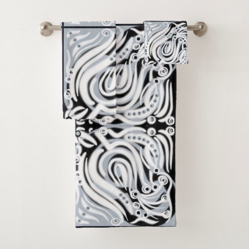 Gray Black White Curly Abstract Pattern  Bath Towel Set
