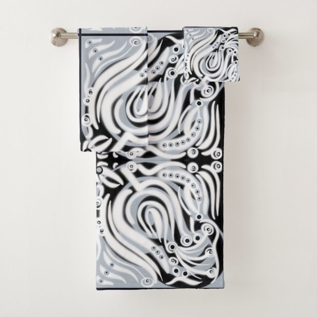 Gray Black White Curly Abstract Pattern  Bath Towel Set (Insitu)