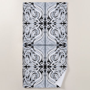 Gray Black White Curly Abstract Pattern  Beach Towel