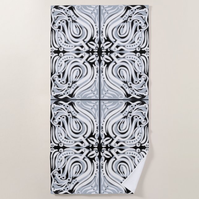 Gray Black White Curly Abstract Pattern  Beach Towel (Front)