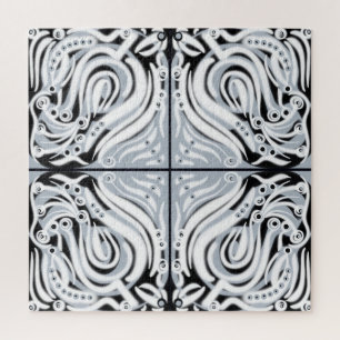 Gray Black White Curly Abstract Pattern  Jigsaw Puzzle