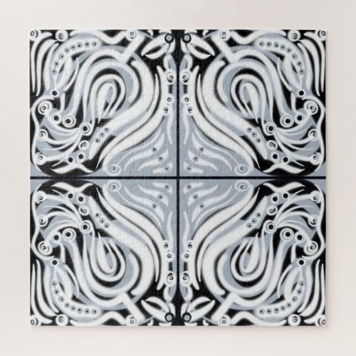 Gray Black White Curly Abstract Pattern  Jigsaw Puzzle