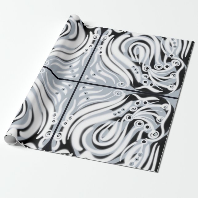 Gray Black White Curly Abstract Pattern  Wrapping Paper (Unrolled)