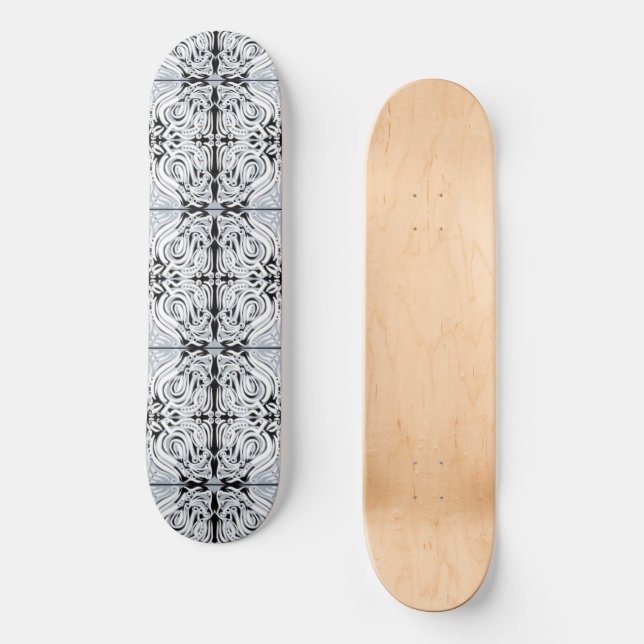 Gray Black White Curly Abstract Repeat Pattern  Skateboard (Front)