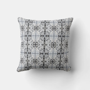 Gray Black White Curly Abstract Repeat Pattern  Throw Pillow