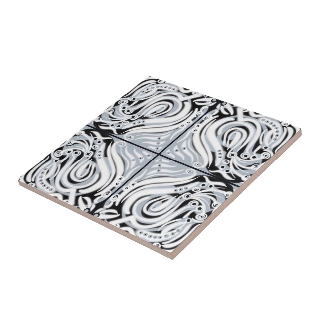 Gray Black White Curvy Abstract Pattern  Ceramic Tile (Side)