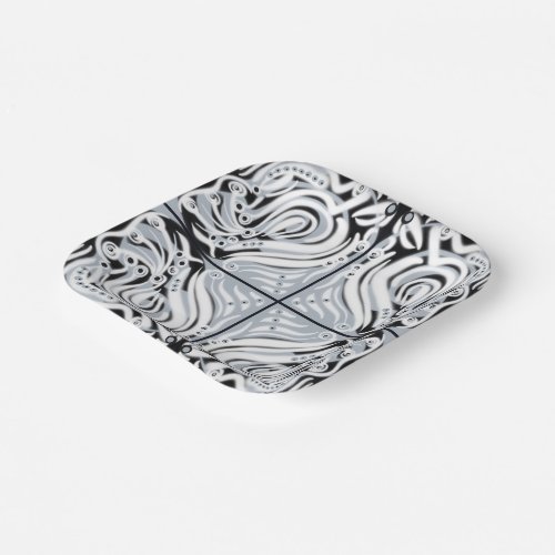 Gray Black White Curvy Abstract Pattern  Paper Plates