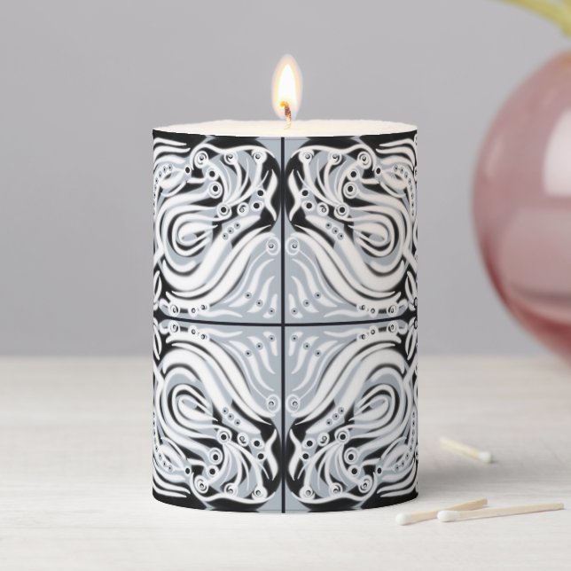 Gray Black White Curvy Abstract Pattern  Pillar Candle (In Situ)