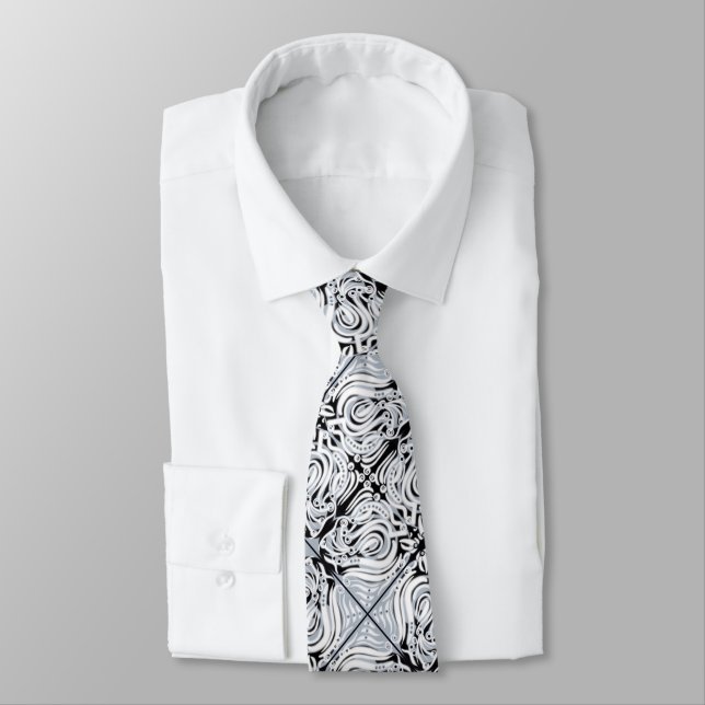Gray Black White Curvy Abstract Repeat Pattern  Neck Tie (Tied)