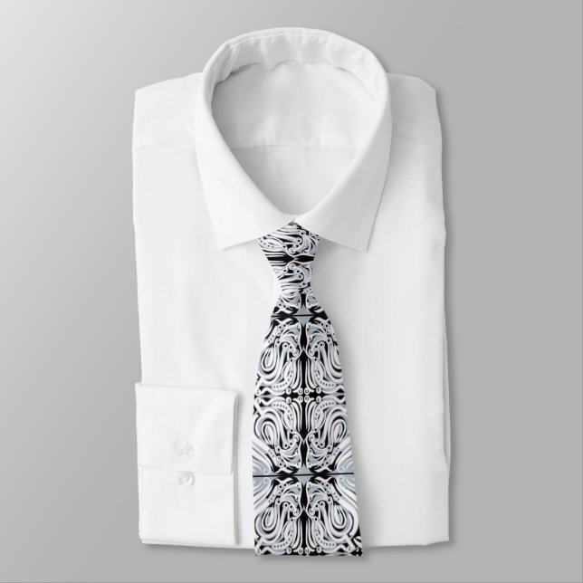 Gray Black White Curvy Abstract Repeat Pattern  Neck Tie (Tied)