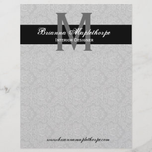 Gray Black White Damask Monogram Letterhead