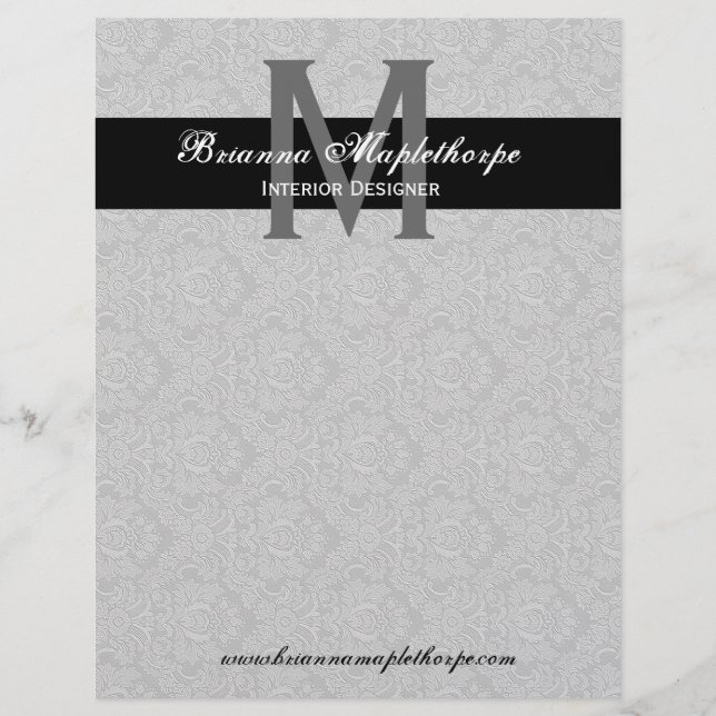Gray Black White Damask Monogram Letterhead (Front)