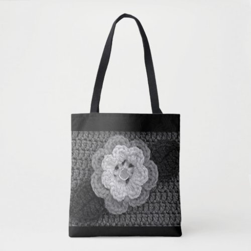 Gray Black White Flower Artisan Crochet Print Tote Bag