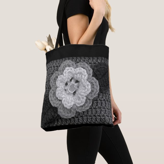 Gray Black White Flower Artisan Crochet Print Tote Bag (Close Up)