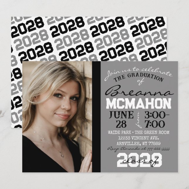 Gray, Black & White Graduation Photo Invitation (Front/Back)
