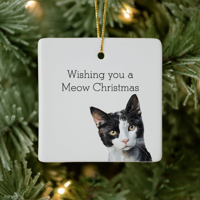 Gray Black White Kitty Cat Ceramic Ornament (Tree)