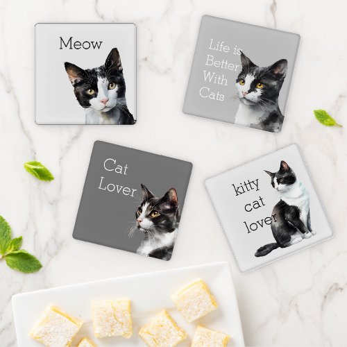 Gray Black White Kitty Cat Coaster Set