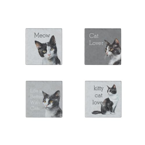 Gray Black White Kitty Cat Stone Magnet