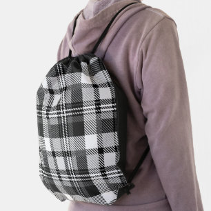 Gray Black White Madras Plaid Design Drawstring Bag
