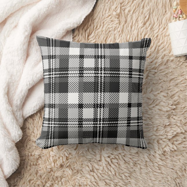 Gray Black White Madras Plaid Design  Throw Pillow (Blanket)