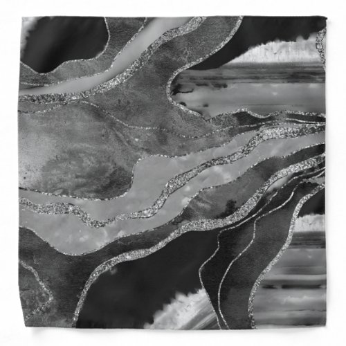 Gray Black White Marble Agate Silver Glitter 1 Bandana