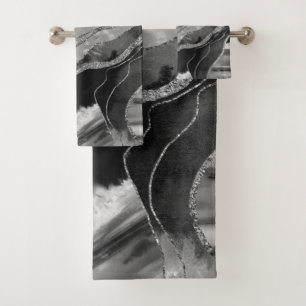 Gray Black White Marble Agate Silver Glitter #1 Bath Towel Set