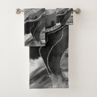 Gray Black White Marble Agate Silver Glitter #1 Bath Towel Set