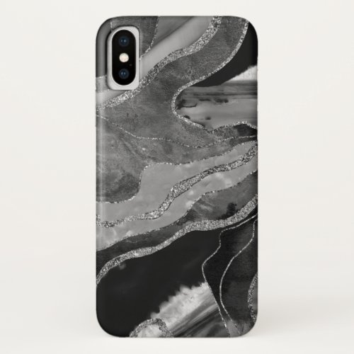 Gray Black White Marble Agate Silver Glitter 1 iPhone X Case