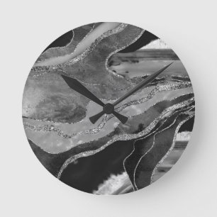 Gray Black White Marble Agate Silver Glitter #1 Round Clock
