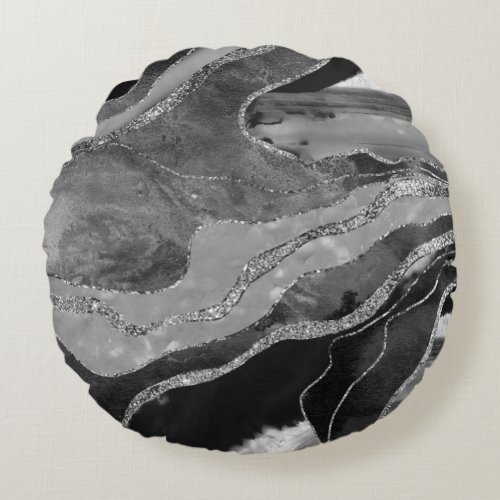 Gray Black White Marble Agate Silver Glitter 1 Round Pillow