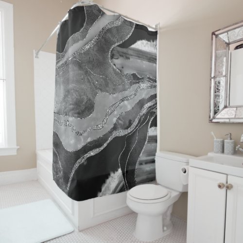 Gray Black White Marble Agate Silver Glitter 1 Shower Curtain