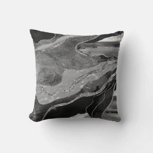 Gray Black White Marble Agate Silver Glitter 1 Throw Pillow