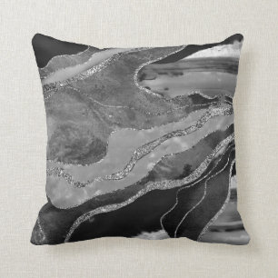 Gray Black White Marble Agate Silver Glitter #1 Throw Pillow