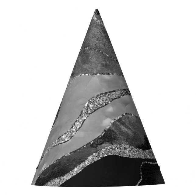 Gray Black White Marble Agate Silver Glitter Glam  Party Hat (Front)
