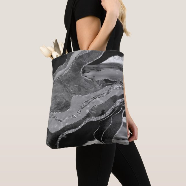 Gray Black White Marble Agate Silver Glitter Glam  Tote Bag (Close Up)